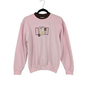 Embroidered Cat Crewneck Sweatshirt Soft Pink Coquette Cottage Cozy Women Size M